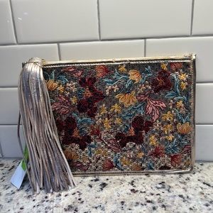 NWT Sam Edelman Embroidered Zip Clutch with Tassel